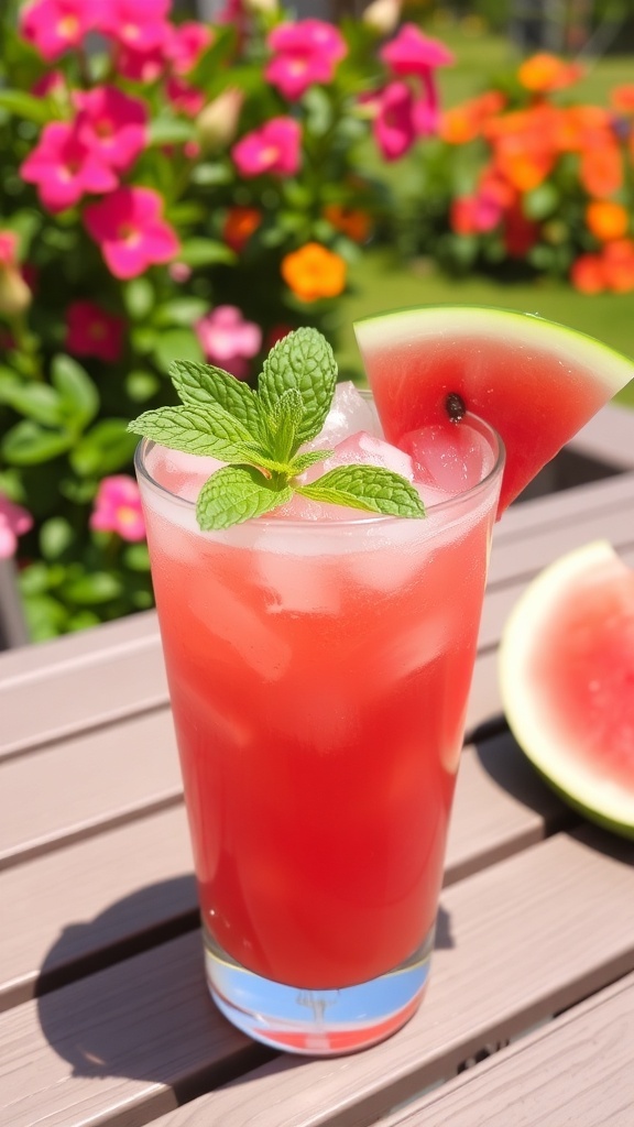 A glass of watermelon refresher drink with mint garnish on a sunny table.